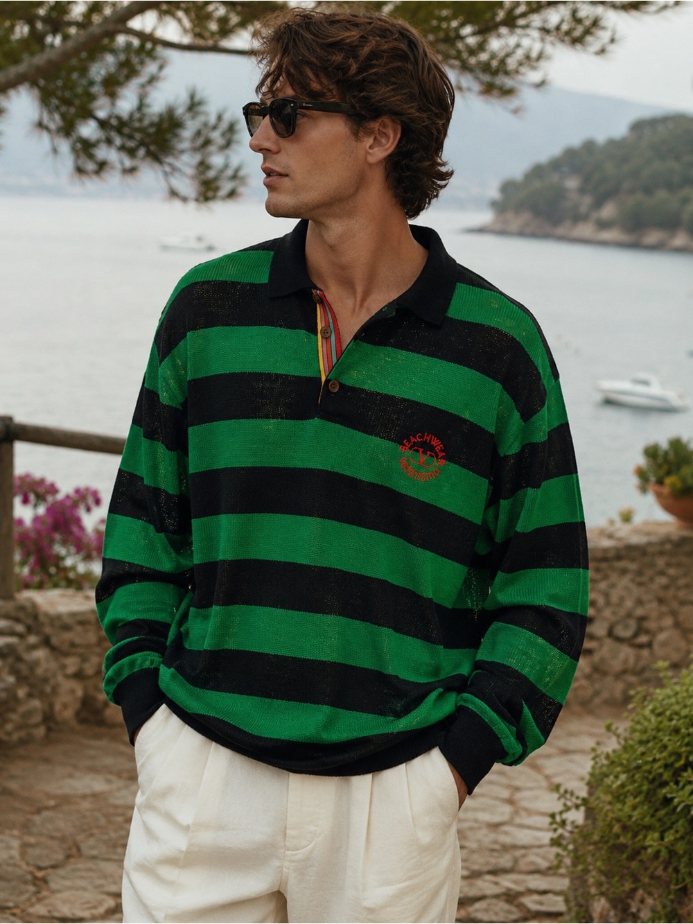 Vintage 80’s Valentino Beachwear Paninaro Rugby knit Polo Grn Blk Stripe Italy